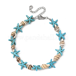Ocean Natural Shell & Dyed Synthetic Turquoise Starfish Beaded Anklets for Women&nbsp;AJEW-AN00829