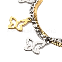 Two Tone 304 Stainless Steel Curb & Flat Snake Chains Double Layer Multi-strand Bracelet with Charms for Women&nbsp;BJEW-C025-03