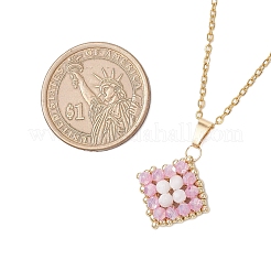 Natural Rainbow Moonstone and Handmade Glass Beaded Rhombus Pendant 304 Stainless Steel Cable Chain Necklaces&nbsp;NJEW-MZ00124-01