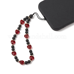 Round Natural Lava Rock & Heart Glass Beaded Mobile Straps&nbsp;HJEW-TA00027