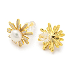 Brass Flower Stud Earrings with Natural Pearl&nbsp;EJEW-Z020-09G