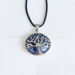 Alloy Pave Natural Sodalite Tree of Life Pendant Necklaces, Black Cord Necklaces for Women, Platinum
