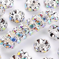 Brass Grade A Rhinestone Spacer Beads, Wavy Edge, Rondelle, Nickel Free, Silver, Crystal AB, 8x3.8mm, Hole: 1.5mm