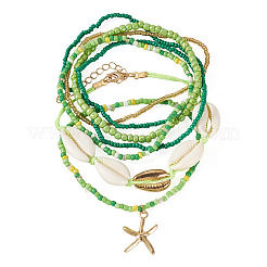2 Bags Summer Beach Glass Seed Beaded & Natural Shell & Alloy Starfish Charm Anklet Sets&nbsp;AJEW-TA0003-69E