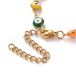 PVD Vacuum Plating 304 Stainless Steel Heart Beat Link Bracelet with Colorful Enamel Evil Eye Chains for Women&nbsp;BJEW-B062-03G
