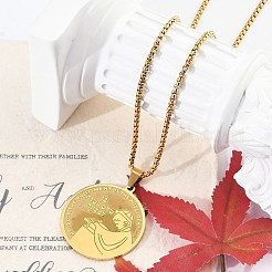 201 Stainless Steel Flat Round with Boy Pendant Box Chain Necklaces for Women Men&nbsp;LS-NJEW-R013-05G