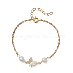 Brass Charms and Natural Cultured Freshwater Pearl Link Bracelets&nbsp;BJEW-JB13126