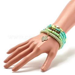 Natural Sandalwood Round & Polymer Clay Heishi Beads Stretch Bracelets Sets&nbsp;BJEW-JB07437