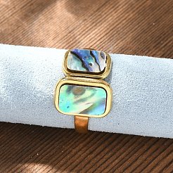 Rectangle 304 Stainless Steel Paua Shell Cuff Rings for Women&nbsp;X-RJEW-G346-04G-01