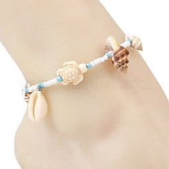 Ocean Natural Mixed Shell & Synthetic Turquoise Turtle & Glass Seed Beaded Anklets for Women&nbsp;AJEW-AN00860