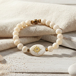 Round Natural Shell & Synthetic Non-magnetic Iron Hematite Beads Stretch Bracelets&nbsp;RD2140