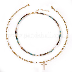 Stainless Steel Religion Cross Pendant Colorful Natural Mixed Gemstone Rondelle Beaded Double Layer Necklaces for Women&nbsp;KG2971