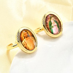 Jesus & Virgin Mary Theme Brass Micro Pave Clear Cubic Zirconia Cuff Rings for Women&nbsp;KK-D343-15G