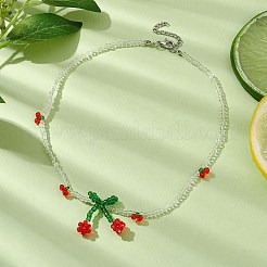 Glass Seed Beaded Cherry Pendant Necklace&nbsp;NJEW-JN04648