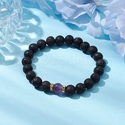 Natural Amethyst & Lava Rock Round Beaded Stretch Bracelets for Women&nbsp;BJEW-JB10797-01