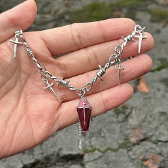 Halloween Alloy Spiked Thorns Link Dark Red Coffin Shaped Pendant Necklaces for Women&nbsp;NJEW-K294-01P