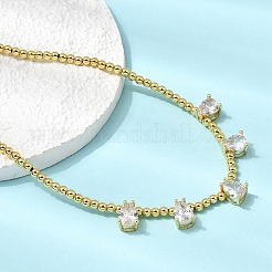 Brass Pave Cubic Zirconia Teardrop Pendant Round Beaded Necklaces&nbsp;NJEW-C121-01G-06