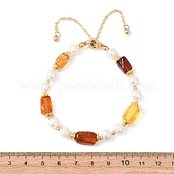 Adjustable Brass Cable Chains & Natural Cultured Freshwater Pearl & Amber Beads Slider Bracelets for Women&nbsp;BJEW-JB13325