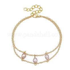 Brass Cable Chains & Rice Natural Cultured Freshwater Pearl Double Layers Bracelets for Women&nbsp;BJEW-JB14135