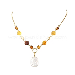Rectangle Natural Baroque Keshi Pearl Pendant 304 Stainless Steel Natural Amber Rhombus Beaded Chain Necklaces&nbsp;NJEW-JN06664