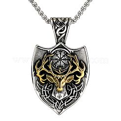 Vintage Two Tone 304 Stainless Steel Viking Dear Head Shield Pendant Necklaces for Men&nbsp;WG619F8-02