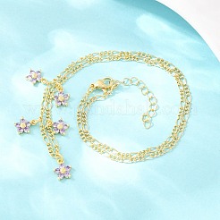 Brass Pave Lilac Cubic Zirconia Flower Pendant Figaro Chain Bib Necklaces for Women&nbsp;NJEW-F364-01G