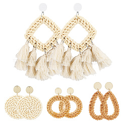 4 Pairs 4 Styles Rattan Dangle Stud Earrings&nbsp;EJEW-SP0001-16C