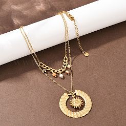 304 Stainless Steel Sun and Round Natural Crazy Agate Pendant Double Layer for Women&nbsp;NJEW-K252-13G