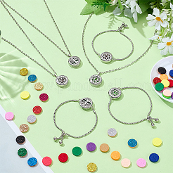 3Pcs 3 Styles Stainless Steel Flat Round Essential Oil Diffuser Pendant Necklaces & Bracelets Set&nbsp;SJEW-GA0001-07