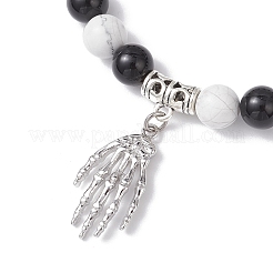 Halloween Brass Skeleton Hand Charm Natural Howlite and Black Onyx (Dyed & Heated) Round Beaded Stretch Bracelets&nbsp;BJEW-TA00683