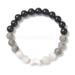 Natural Selenite & Labradorite & Black Tourmaline & Shell Beaded Stretch Bracelets for Women&nbsp;BJEW-JB13084