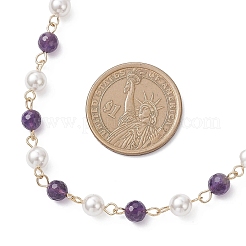 Shell Pearl and Natural Amethyst Round Beads Link Chain Necklaces for Women&nbsp;NJEW-JN05635