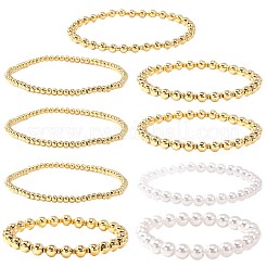 9Pcs Brass & Plastic Imitation Pearl Round Beads Stretch Bracelets for Women&nbsp;QZ7460-1