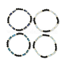 4Pcs 4 Styles Natural Mixed Stone Faceted Cube and Round Natural Lava Rock Beaded Stretch Bracelets for Women&nbsp;BJEW-JB14250-01