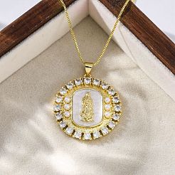 Brass Clear Cubic Zirconia Flat Round with Virgin Mary Pendant Necklaces&nbsp;NJEW-C071-07B-G