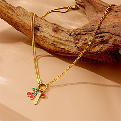 304 Stainless Steel Enamel Red Cherry Pendant Double Layer Necklaces&nbsp;NJEW-B132-02G