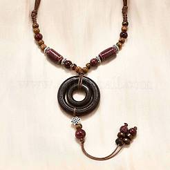 Ethnic Style Alloy & Porcelain Ceramic Beads & Wood Ring Pendant Tassel Y Necklaces&nbsp;NJEW-D308-02