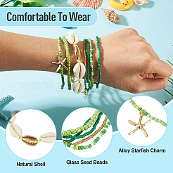 2 Bags Summer Beach Glass Seed Beaded & Natural Shell & Alloy Starfish Charm Anklet Sets&nbsp;AJEW-TA0003-69E