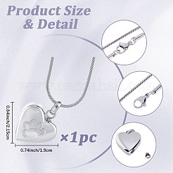 1Pc Stainless Steel Paw Print Heart Urn Ashes Pendant Necklaces&nbsp;NJEW-CN0001-15P