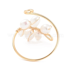 Copper Wire Wrapped Natural Cultured Freshwater Pearl Cuff Rings for Women&nbsp;RJEW-JR00438