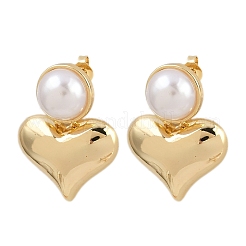 Brass ABS Plastic Pearl Heart Dangle Stud Earrings&nbsp;EJEW-L275-13G-02