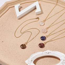 Flat Round Copper Wire Wrapped Natural Gemstone Pendants Necklace&nbsp;NJEW-JN03928