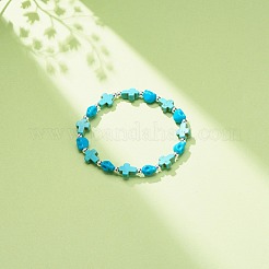 Synthetic Turquoise(Dyed) Cross & Skull Beaded Stretch Bracelet&nbsp;BJEW-JB08451-04