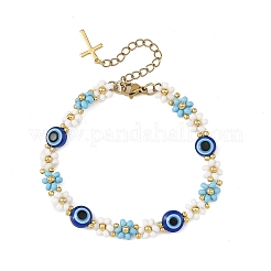Blue Evil Eye Resin Flower Glass Seed Beaded Bracelets for Women&nbsp;BJEW-MZ00353