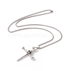 Alloy Cross with Skull Pendant Necklace with 201 Stainless Steel Box Chains&nbsp;NJEW-E016-03AS