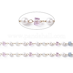 Cube & Round Glass & ABS Imitation Pearl Beaded Chains&nbsp;CHS-P016-43G-01