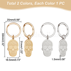 2Pcs 2 Colors Sugar Skull 304 Stainless Steel Pendant Keychain&nbsp;KEYC-UN0001-16
