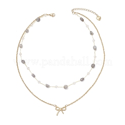 304 Stainless Steel Bowknot Pendant Natural Labradorite Nuggets Link Chain Double Layer Necklaces for Women&nbsp;NJEW-JN05399-03