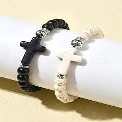 2Pcs 2 Color Dyed Synthetic Turquoise Cross & Alloy Beaded Stretch Bracelets Set&nbsp;BJEW-YW00002-02
