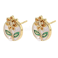 Oval with Flower Brass Micro Pave Cubic Zirconia Stud Earrings&nbsp;EJEW-P336-02G